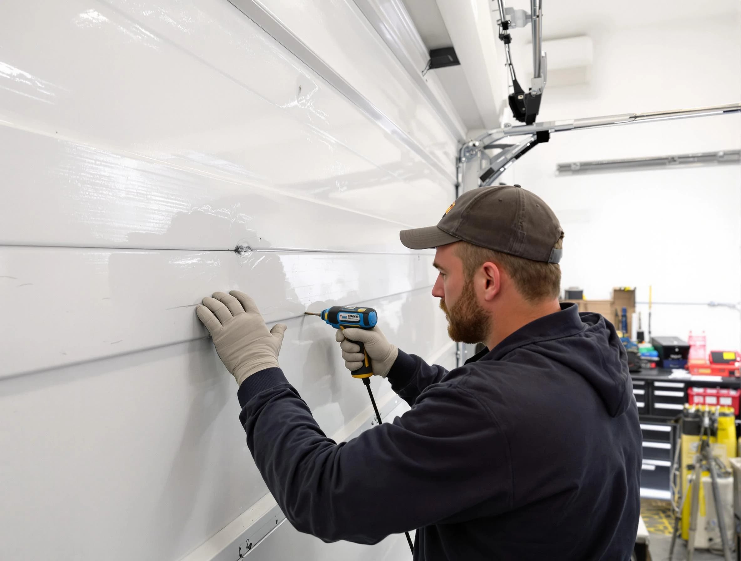 Union City Garage Door Repair technician demonstrating precision dent removal techniques on a Union City garage door